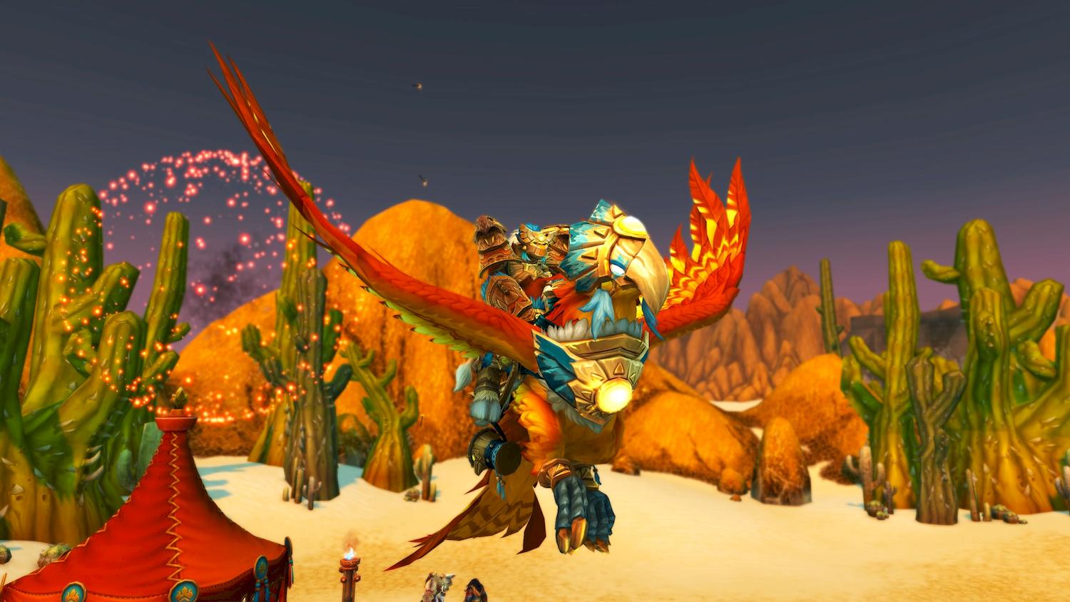 The Sun Festival&apo;s Painted Roc mount flying above the sands and cacti of Tanaris, ridden by a player wearing matching wood-styled armour. The mount is an eagle with bright orange and yellow feathers. It
